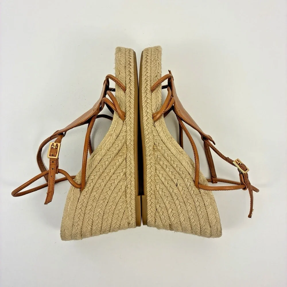 Tory Burch Brown Diamond Patch Espadrille Wedge Strappy Sandal Women's Size 7
